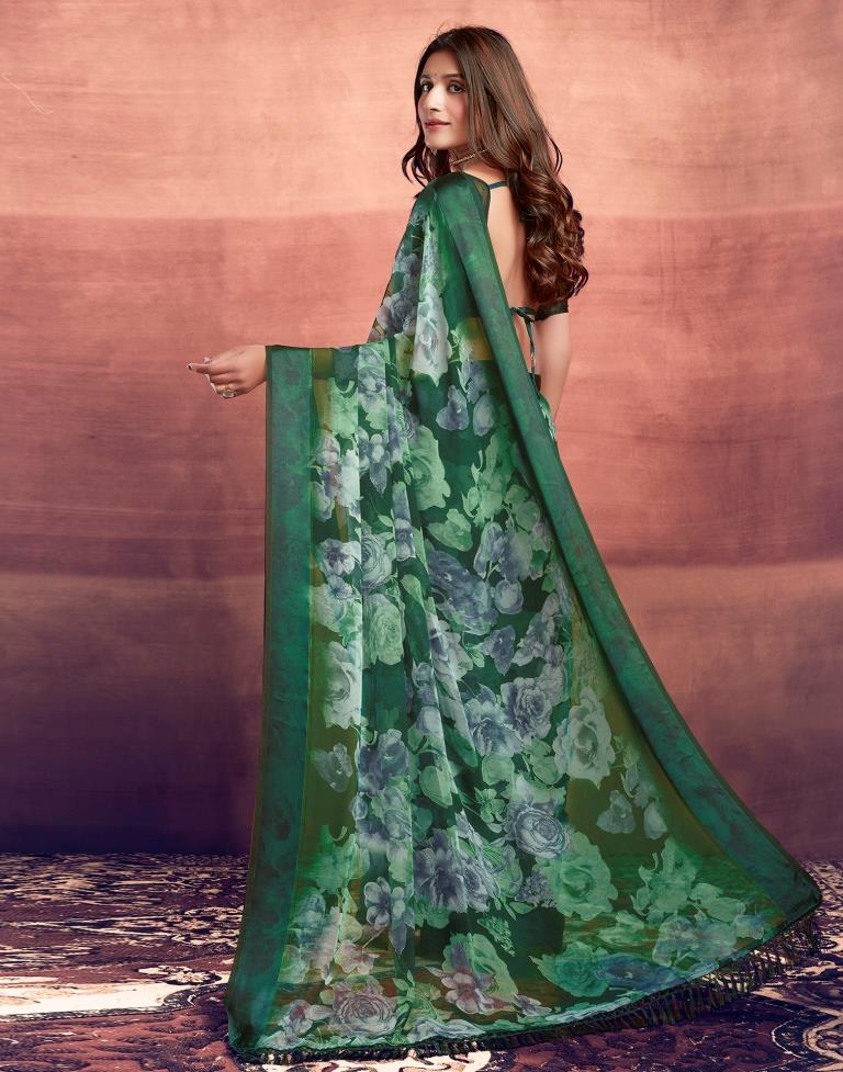 Dark Green Printed Georgette Saree