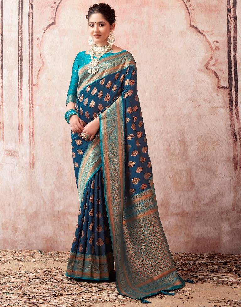 Dark Sea Blue Silk Plain Saree