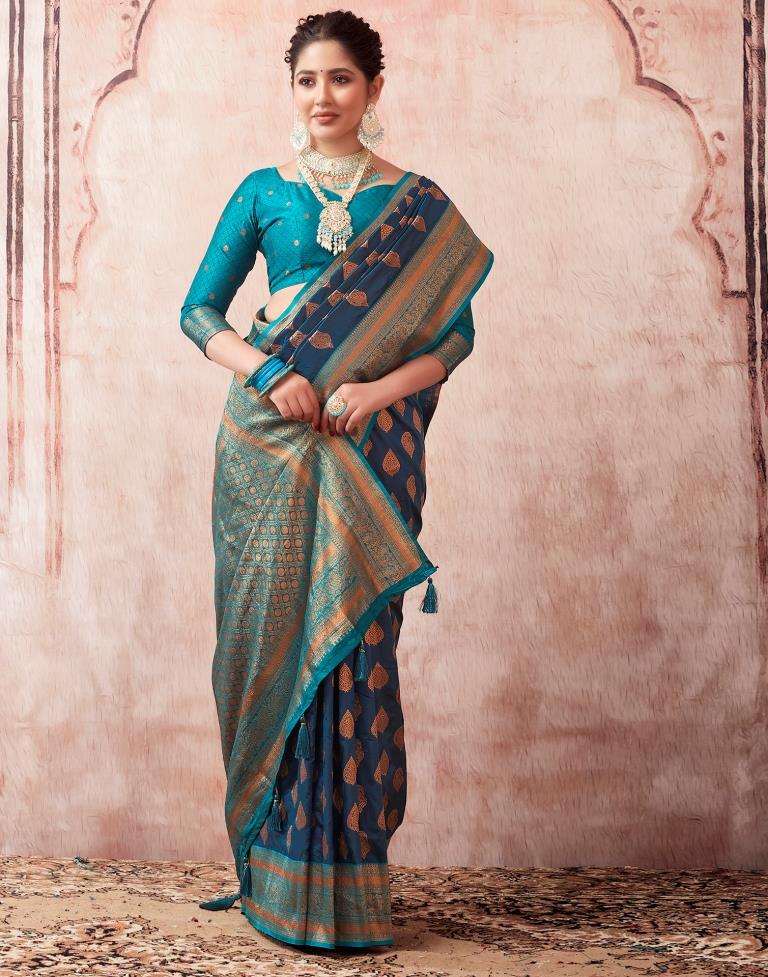 Dark Sea Blue Silk Plain Saree
