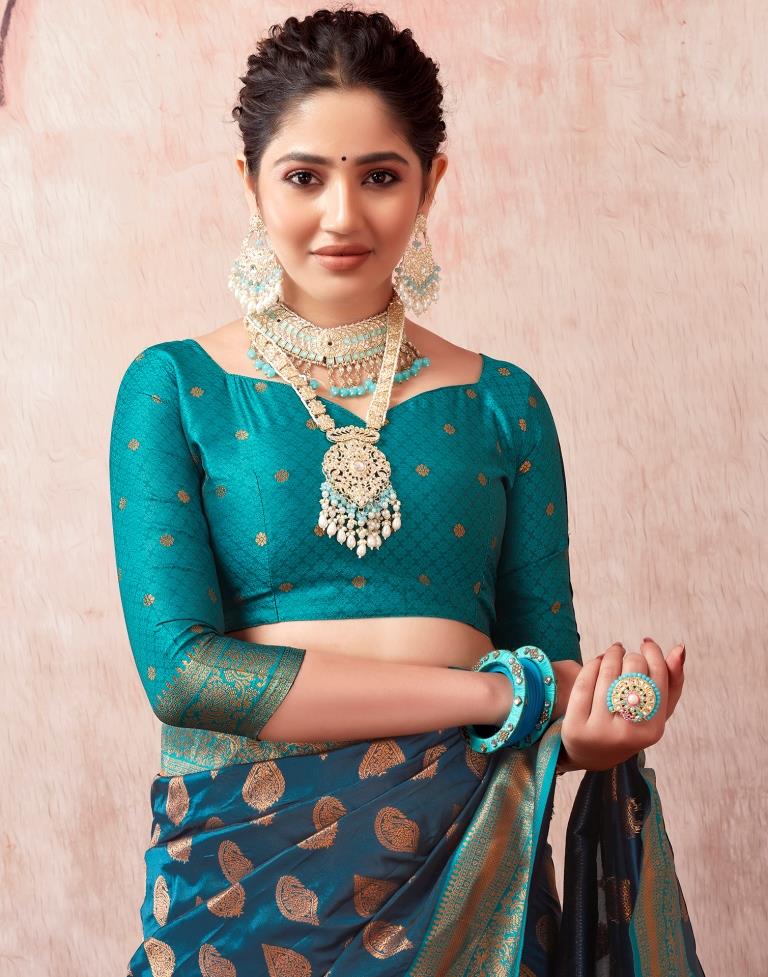 Dark Sea Blue Silk Plain Saree