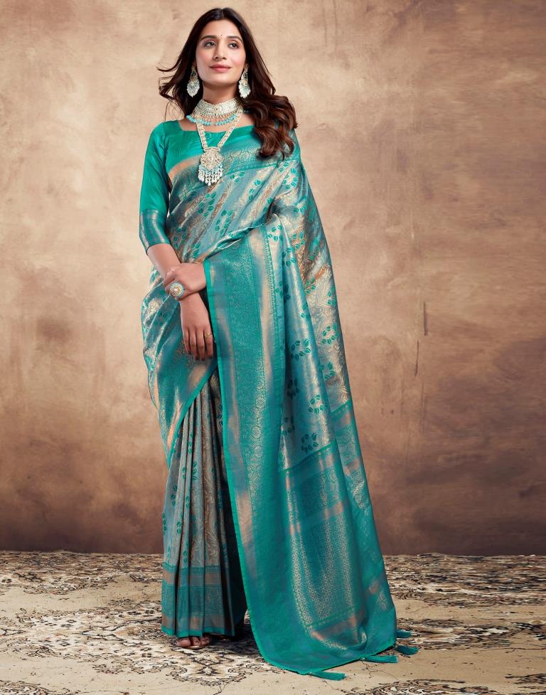 Teal Blue Silk Woven Saree