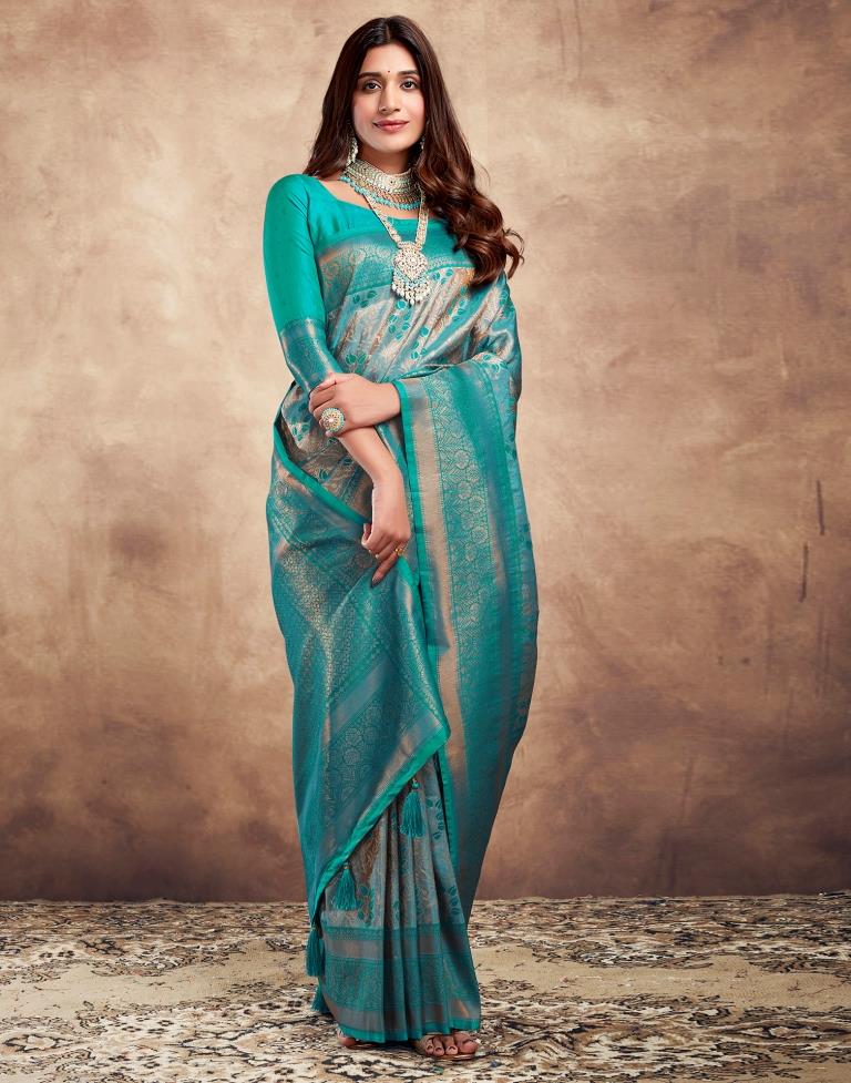 Teal Blue Silk Woven Saree