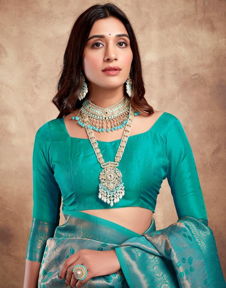 Teal Blue Silk Woven Saree