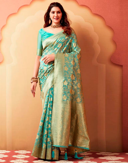Light Turquoise Silk Woven Saree