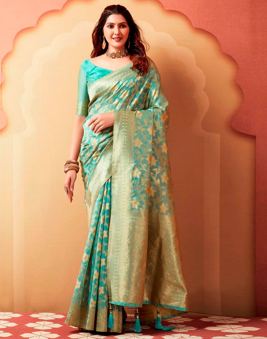 Light Turquoise Silk Woven Saree