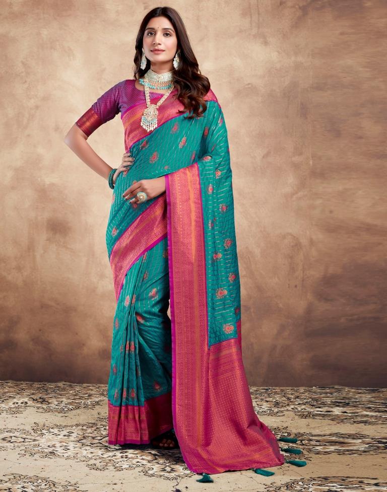 Teal Blue Silk Plain Saree