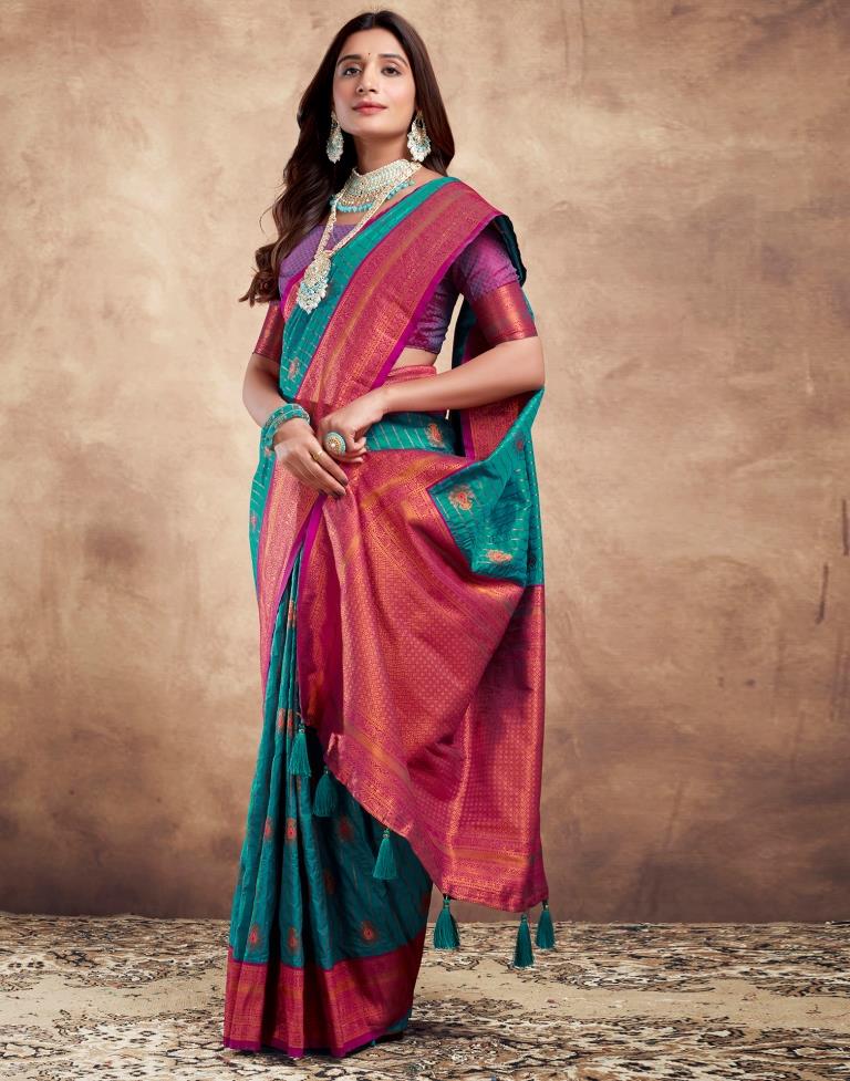 Teal Blue Silk Plain Saree