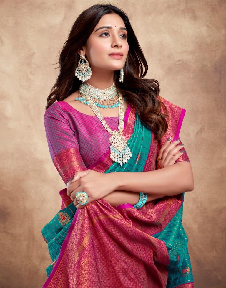 Teal Blue Silk Plain Saree