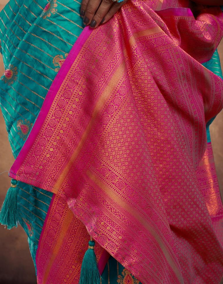 Teal Blue Silk Plain Saree
