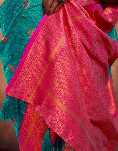 Teal Blue Silk Plain Saree
