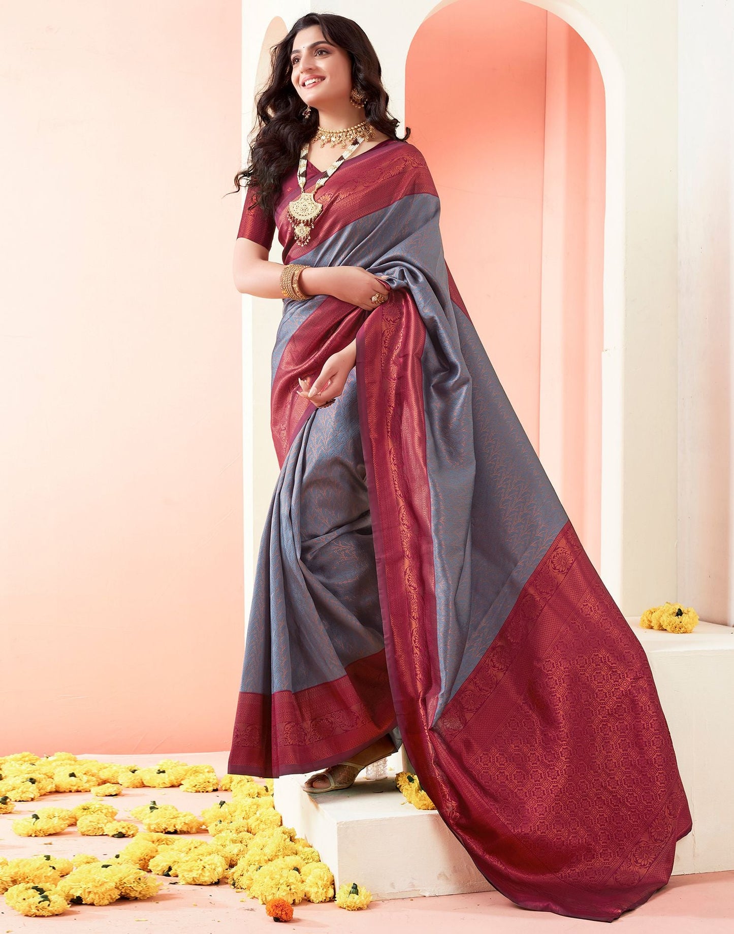 Wine Jacquard Silk Saree