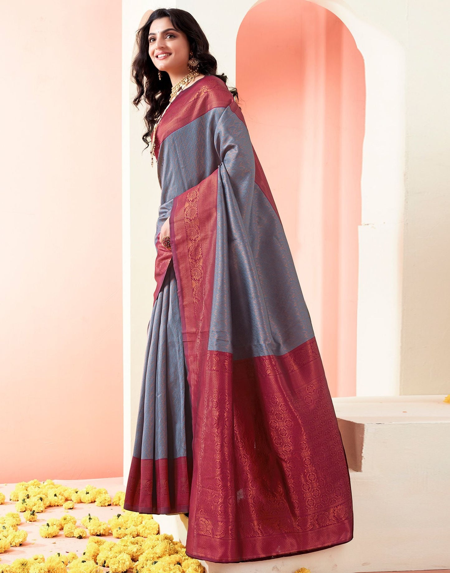 Wine Jacquard Silk Saree