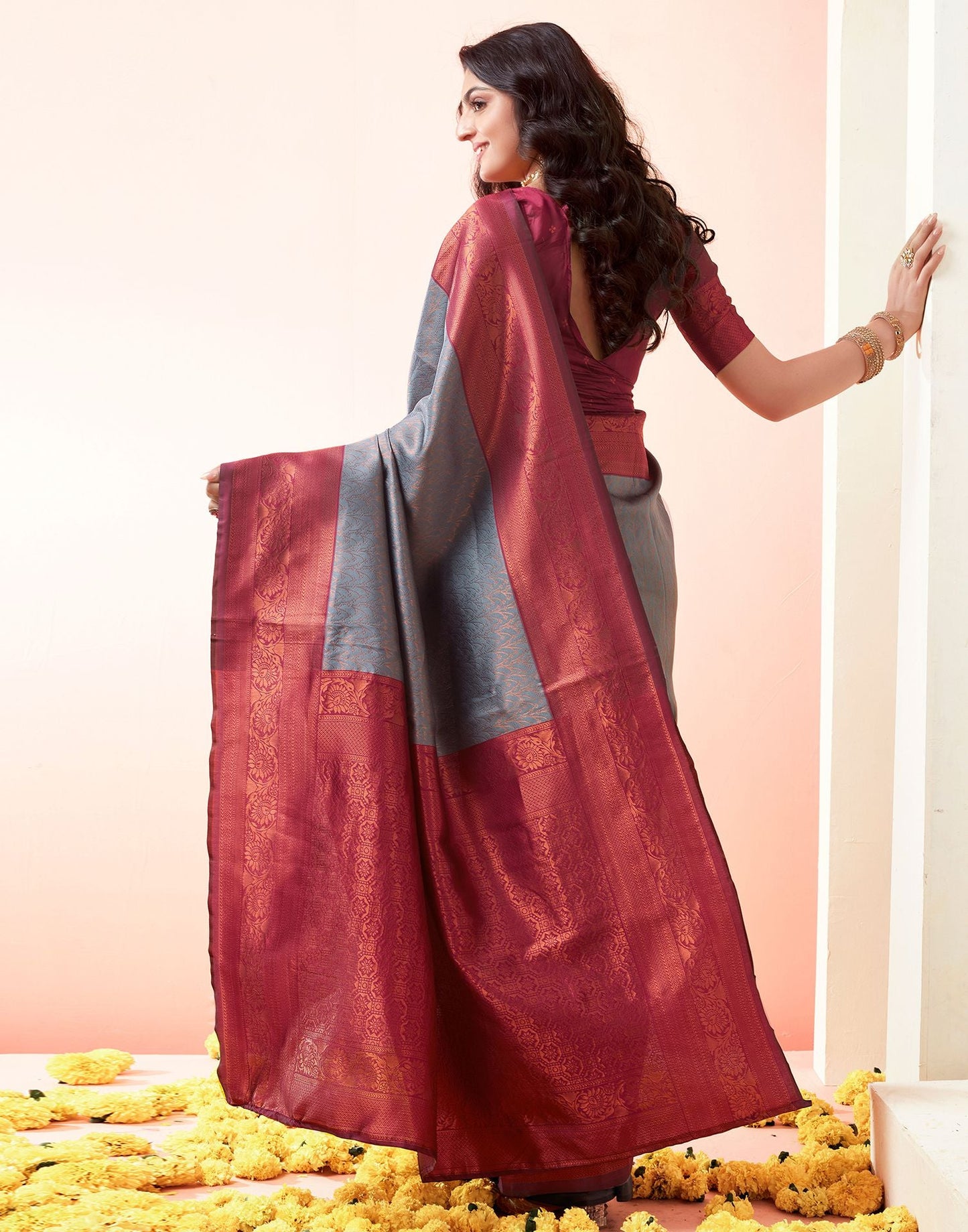 Wine Jacquard Silk Saree