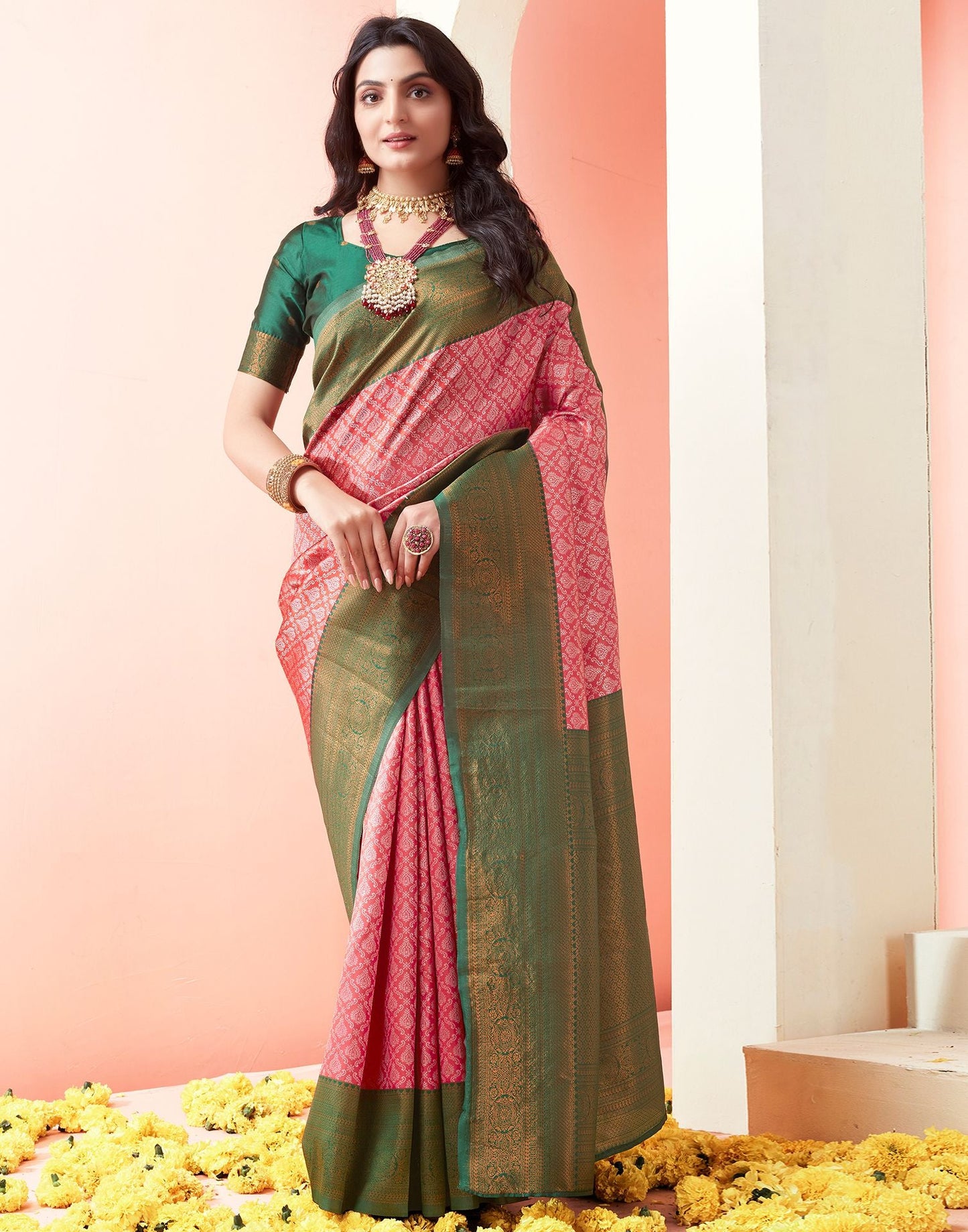 Pink Jacquard Silk Saree