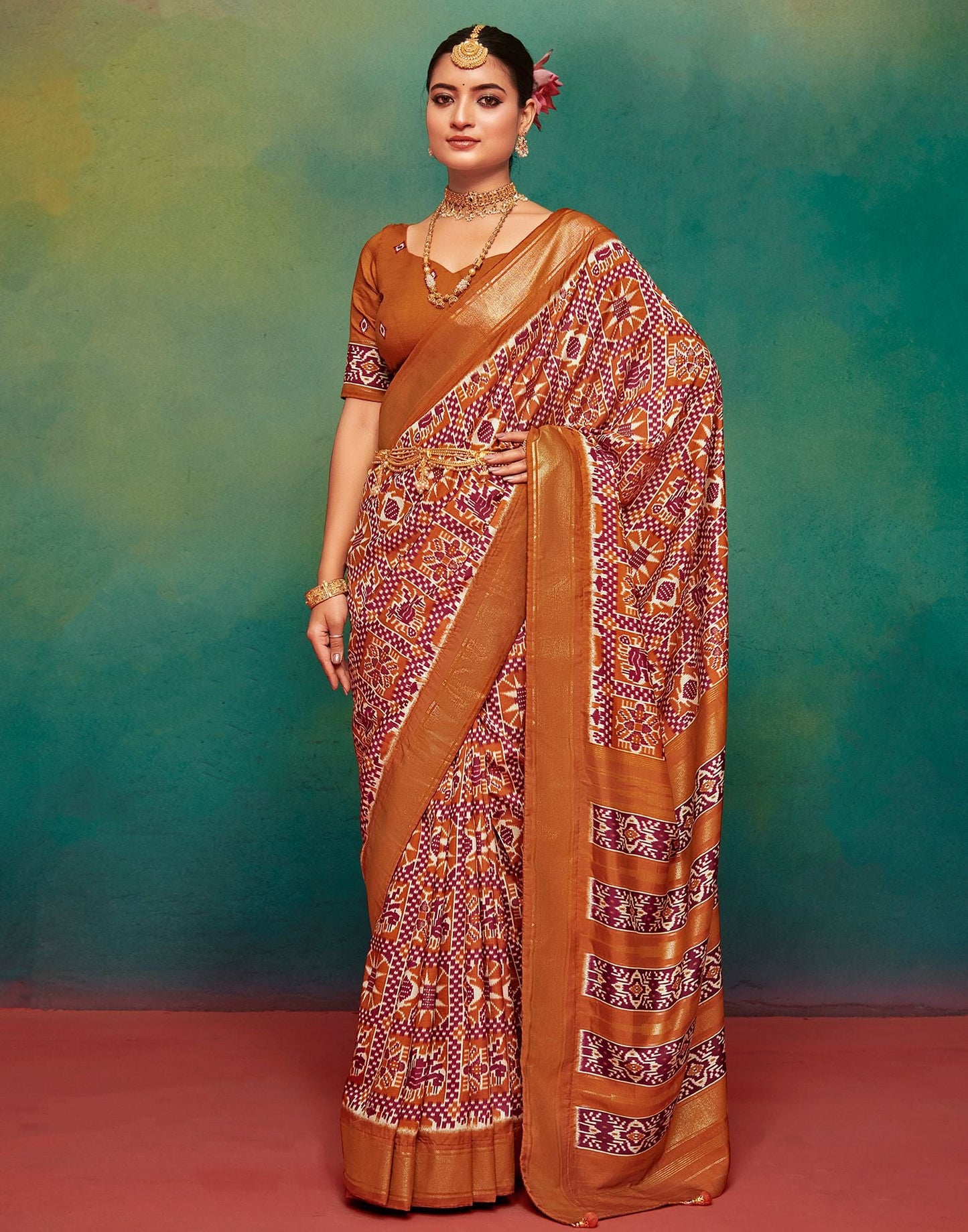 Rust Printed Silk Saree