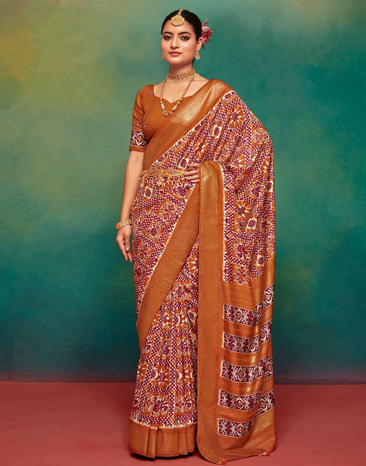 Rust Printed Silk Saree