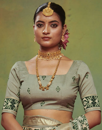 Dusty Green Printed Silk Saree