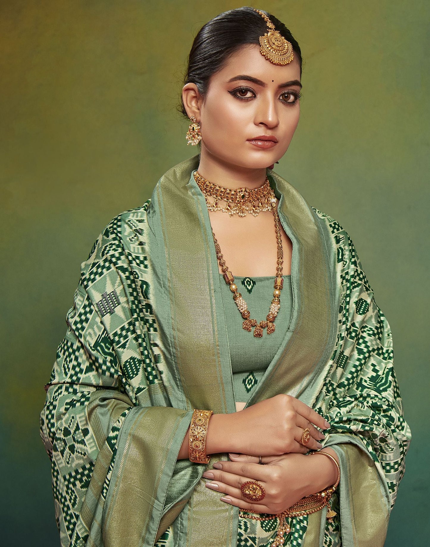 Dusty Green Printed Silk Saree