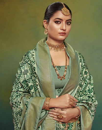 Dusty Green Printed Silk Saree