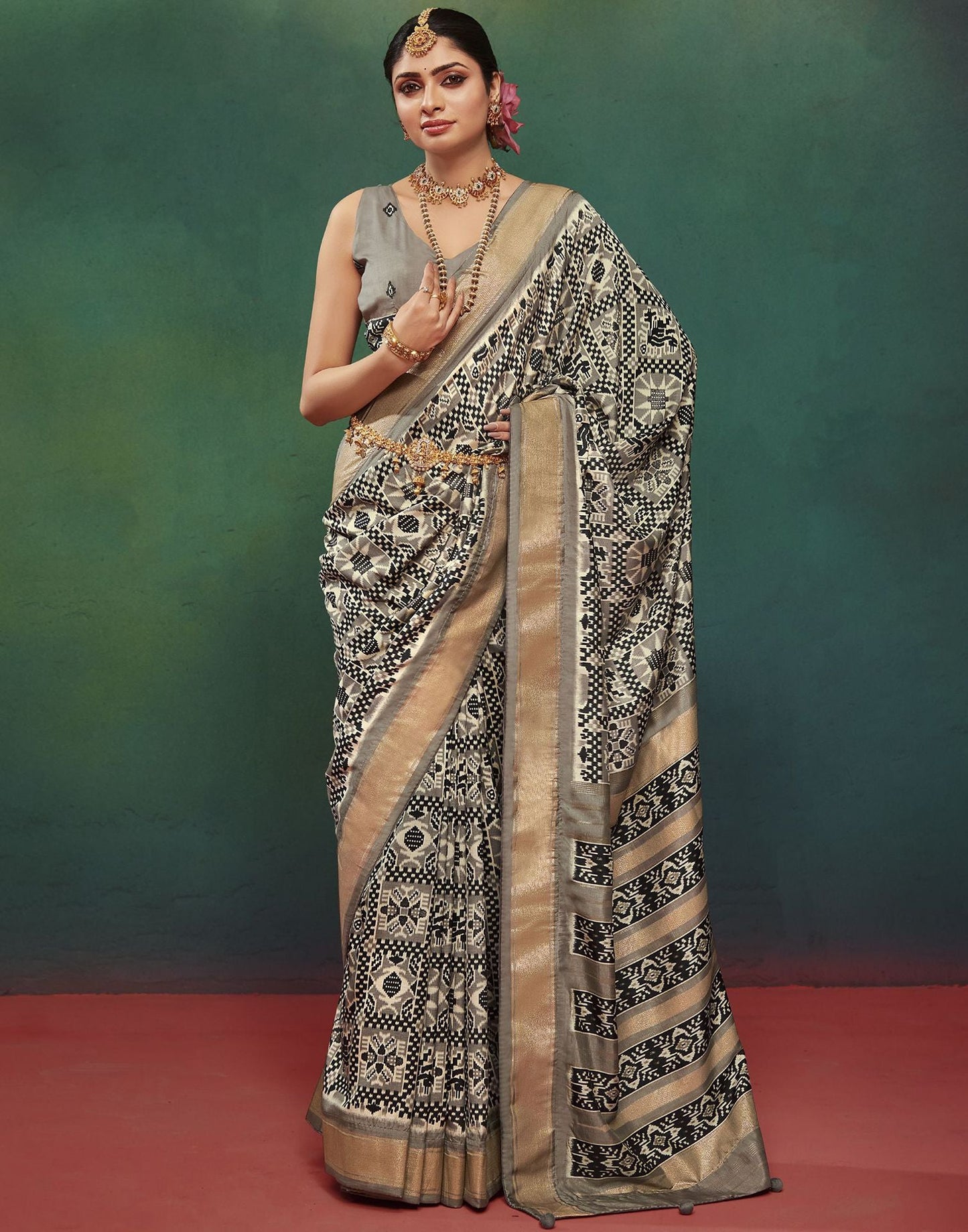 Grey Printed Silk Saree