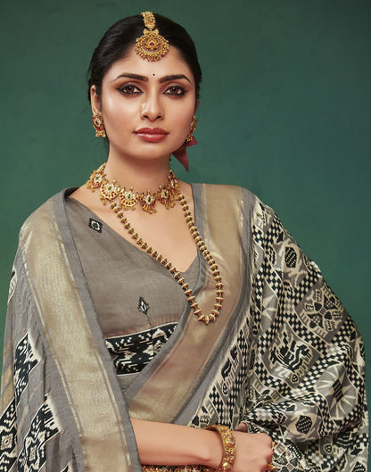Grey Printed Silk Saree
