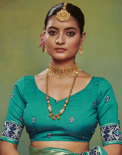 Teal Blue Printed Silk Saree