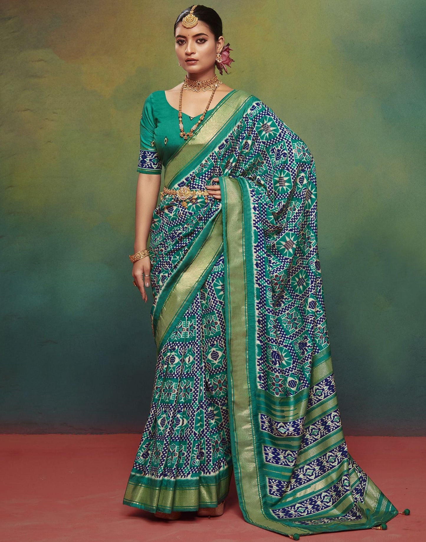 Teal Blue Printed Silk Saree