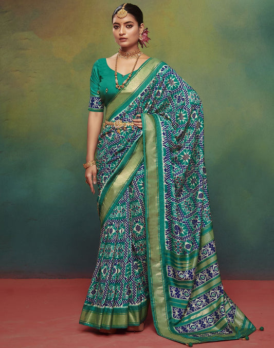 Teal Blue Printed Silk Saree