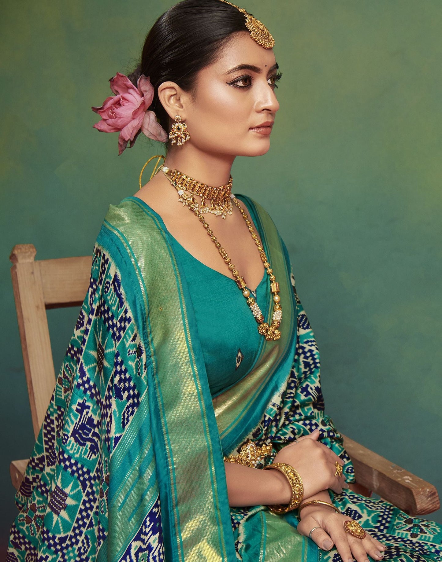 Teal Blue Printed Silk Saree