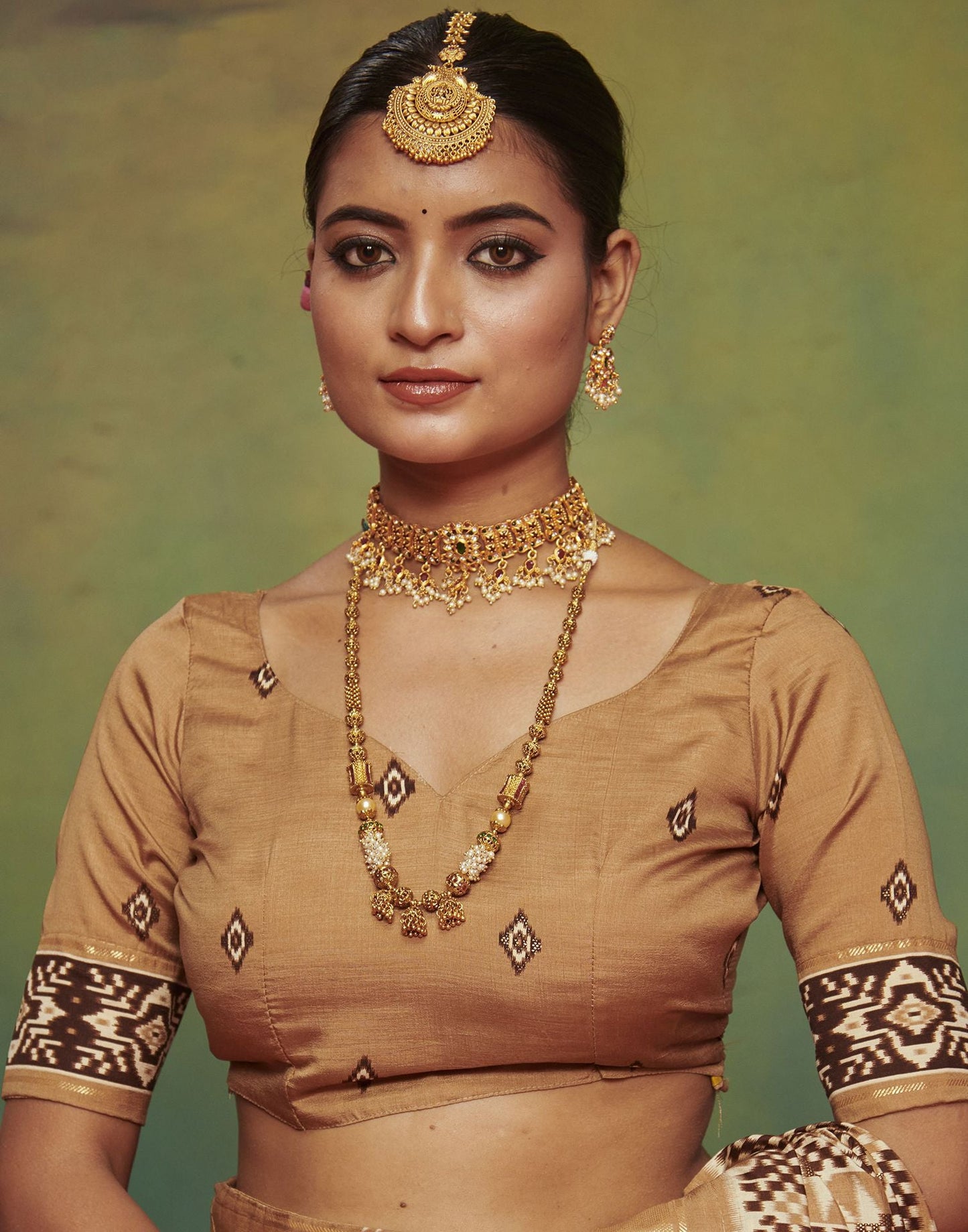 Dark Beige Printed Silk Saree