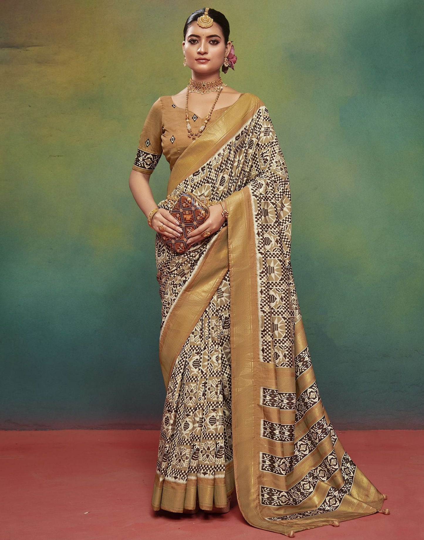 Dark Beige Printed Silk Saree