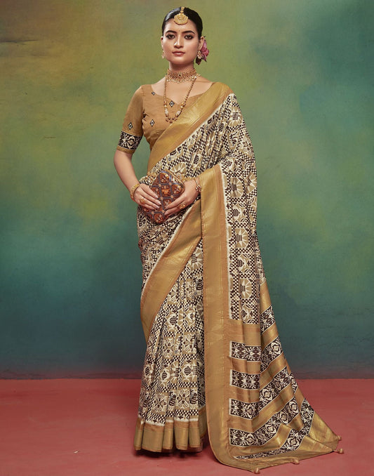 Dark Beige Printed Silk Saree