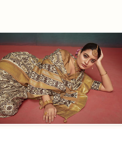 Dark Beige Printed Silk Saree