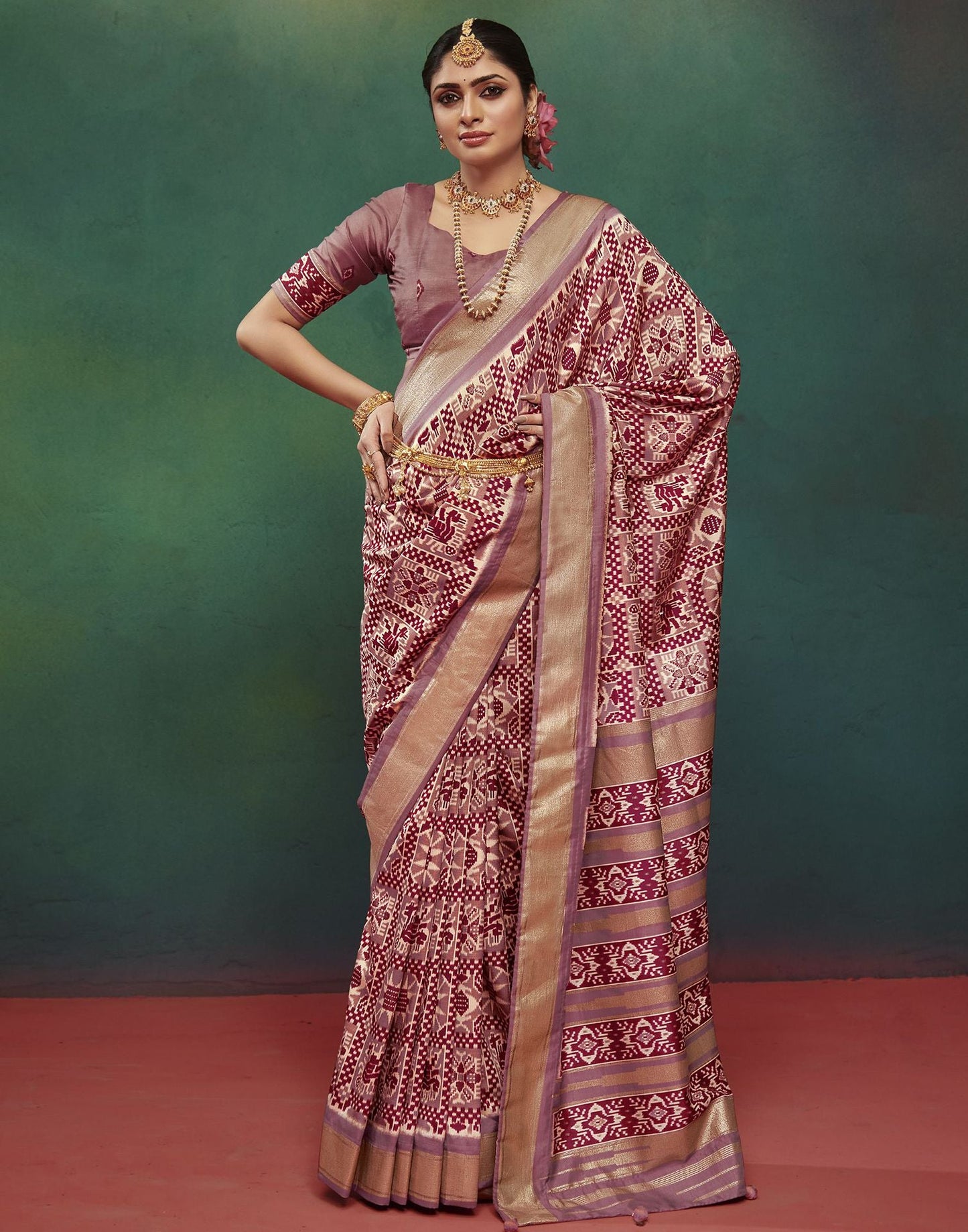 Dusty Rose Pink Printed Silk Saree