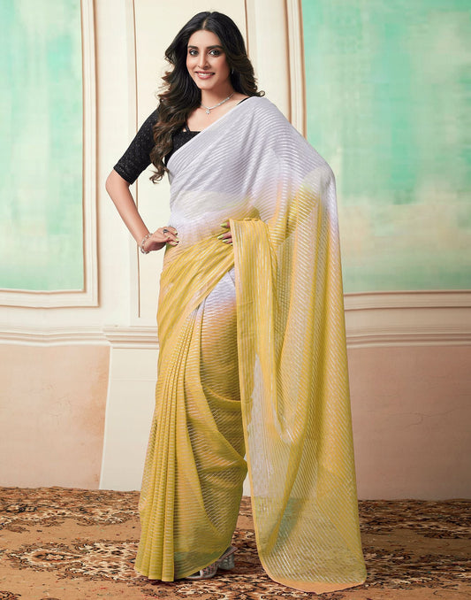 Ready to Wear Yellow Wovern Zari Strip Georgette Saree