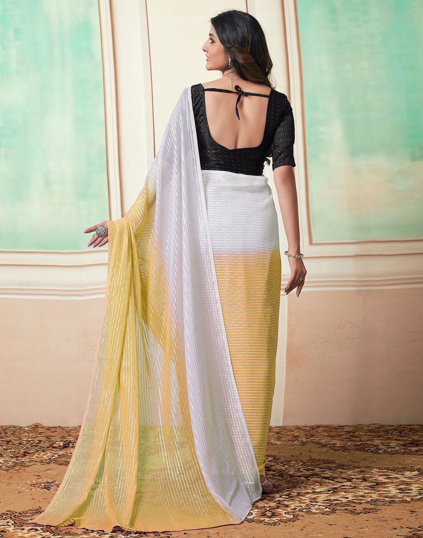 Ready to Wear Yellow Wovern Zari Strip Georgette Saree