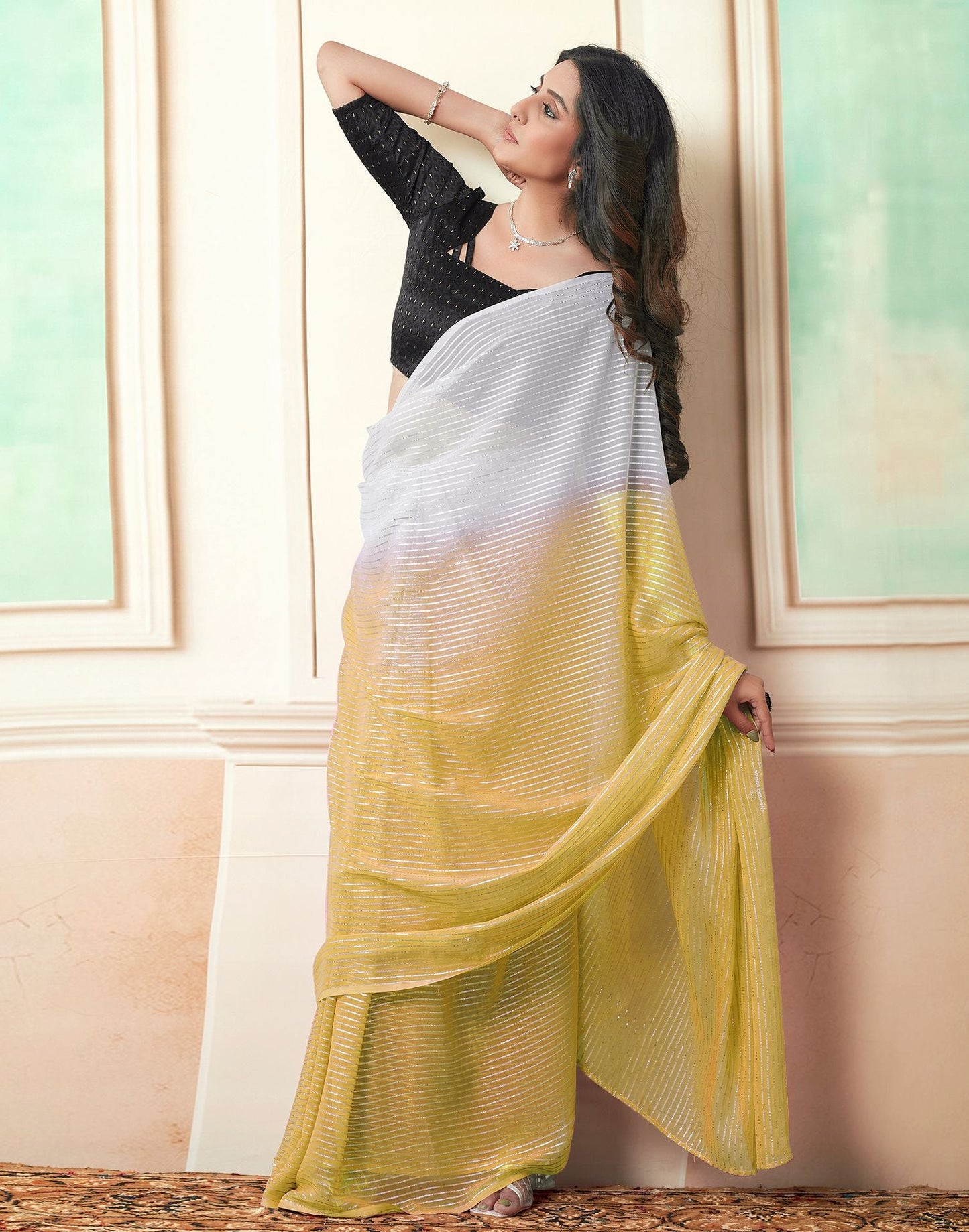 Ready to Wear Yellow Wovern Zari Strip Georgette Saree