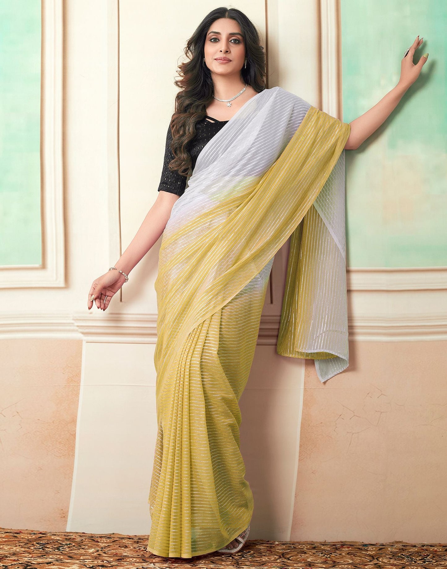 Ready to Wear Yellow Wovern Zari Strip Georgette Saree
