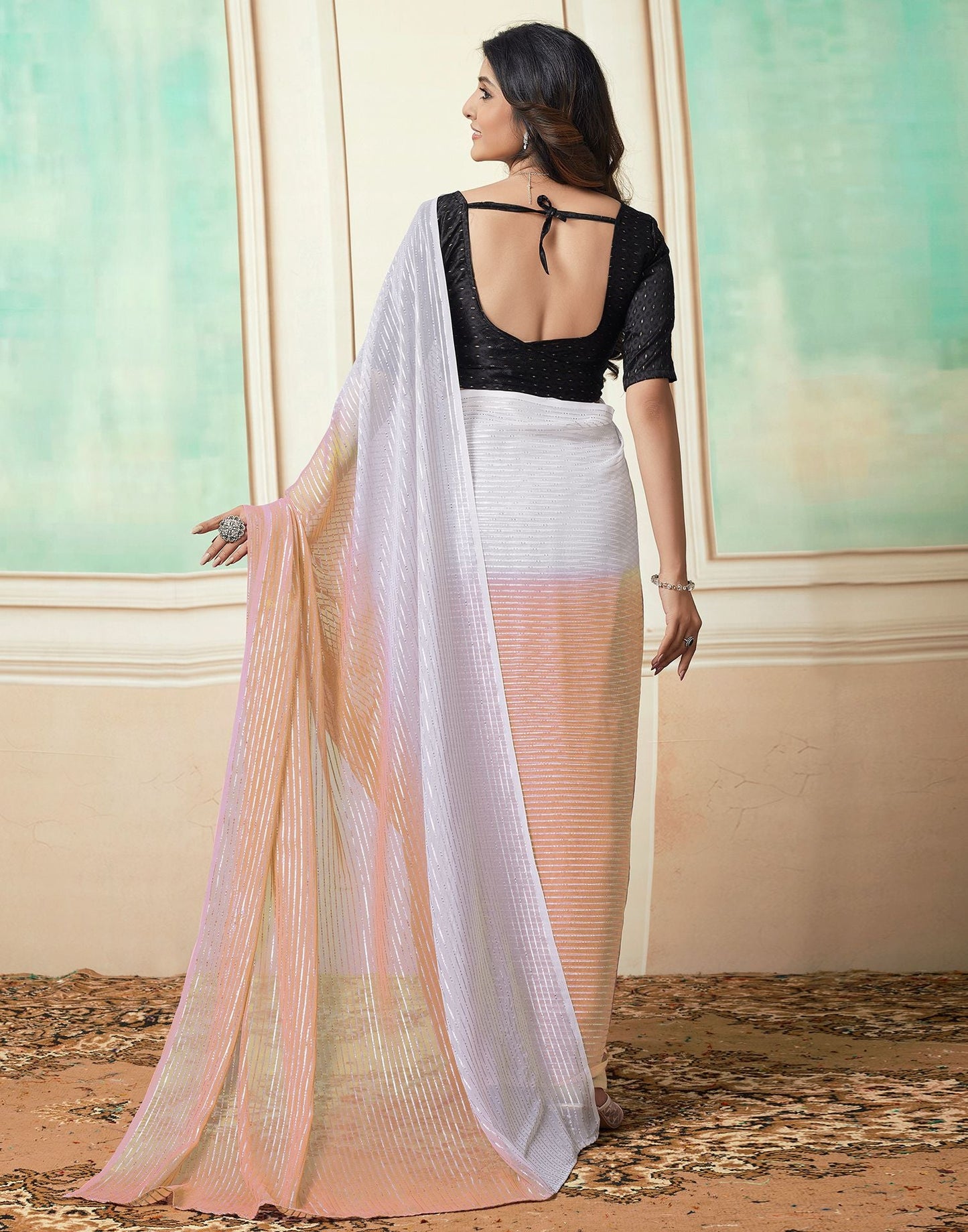 Ready to Wear Light Peach Wovern Zari Strip Georgette Saree