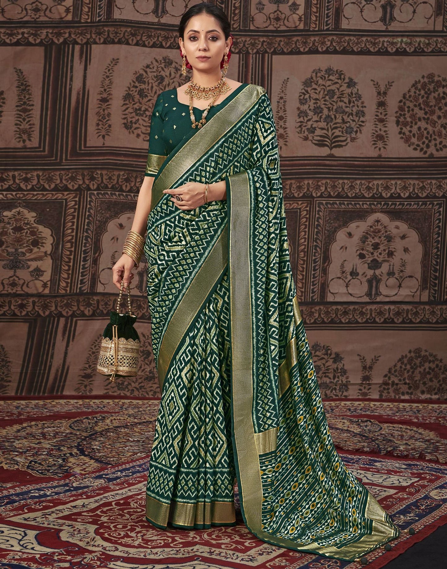 Bottle Green Printed Silk Saree