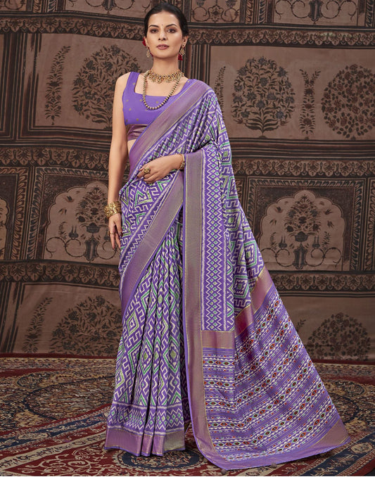Lavender & Multicoloured Printed Silk Saree