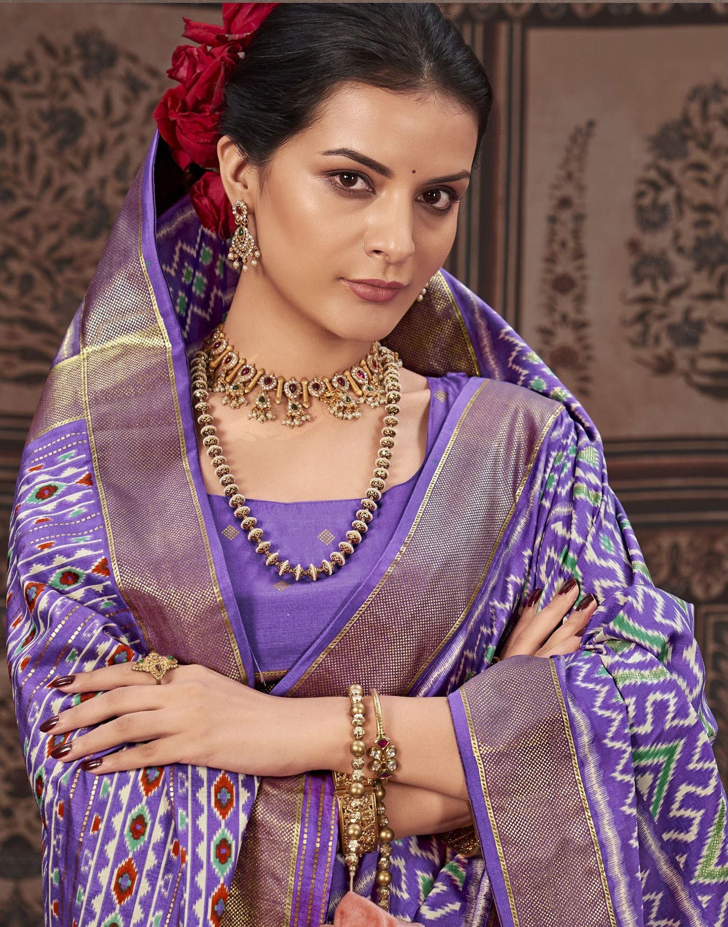Lavender & Multicoloured Printed Silk Saree