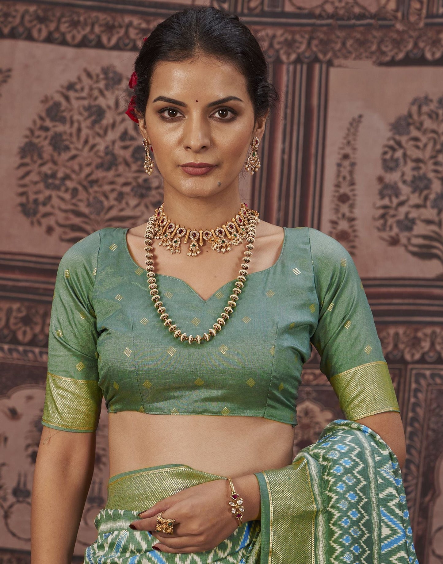 Dusty Green Printed Silk Saree