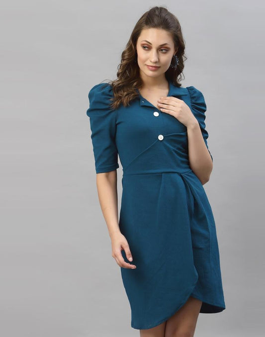 Prussian Blue Puff Sleeve Collared Dress | Sudathi