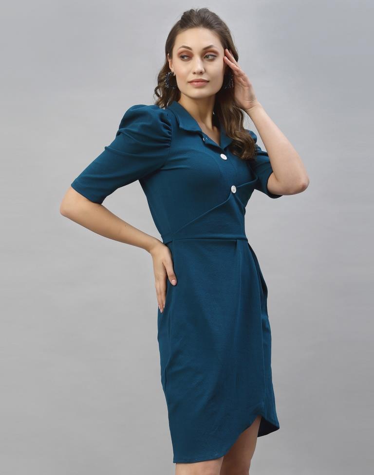 Prussian Blue Puff Sleeve Collared Dress | Sudathi