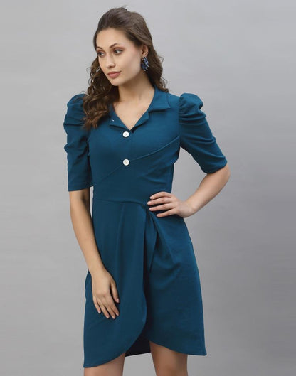 Prussian Blue Puff Sleeve Collared Dress | Sudathi