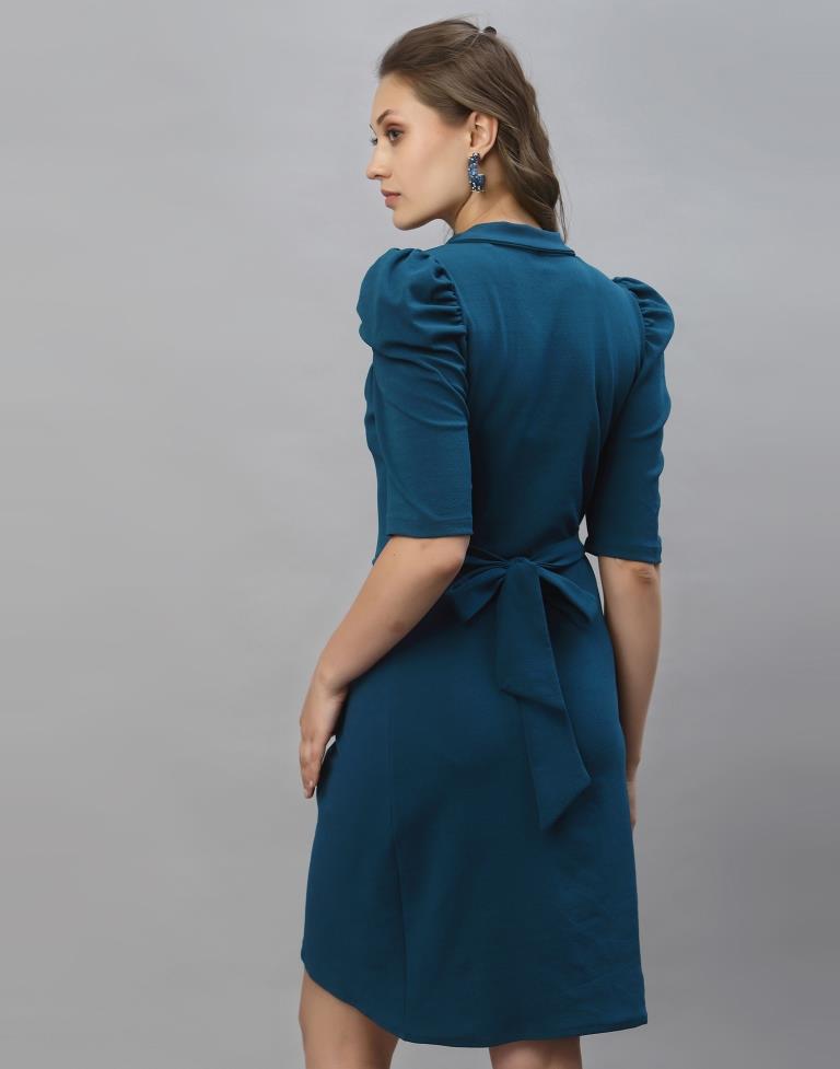 Prussian Blue Puff Sleeve Collared Dress | Sudathi