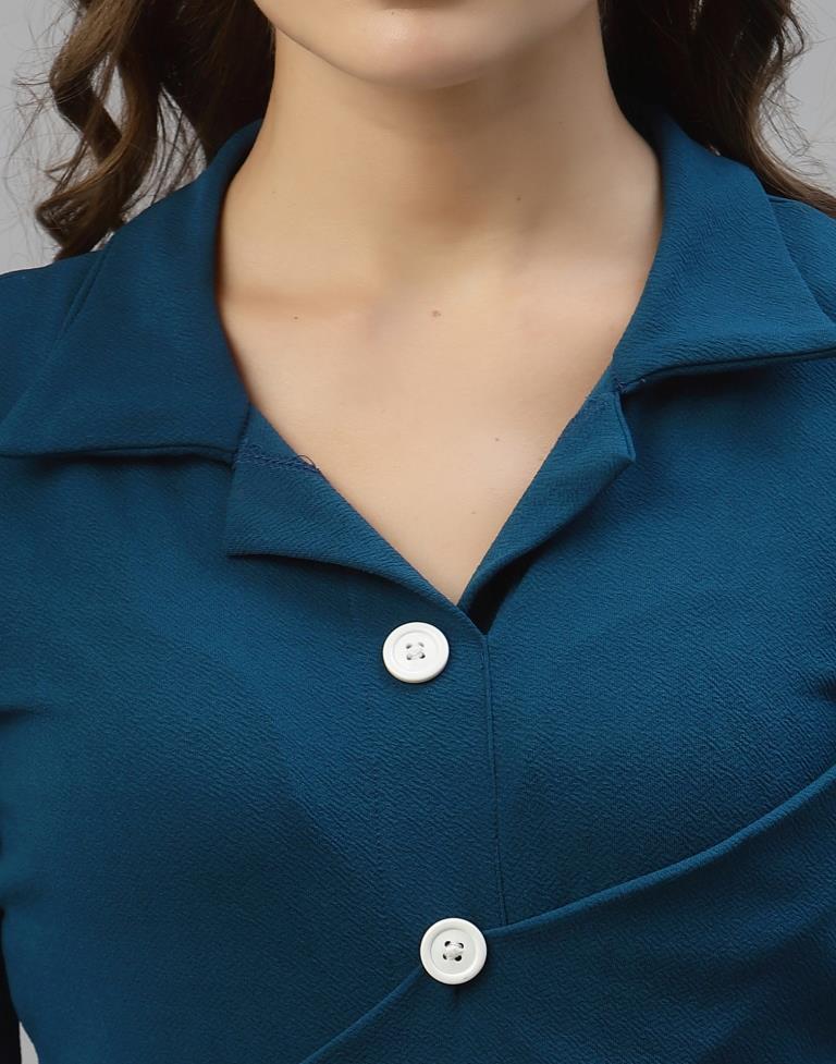 Prussian Blue Puff Sleeve Collared Dress | Sudathi