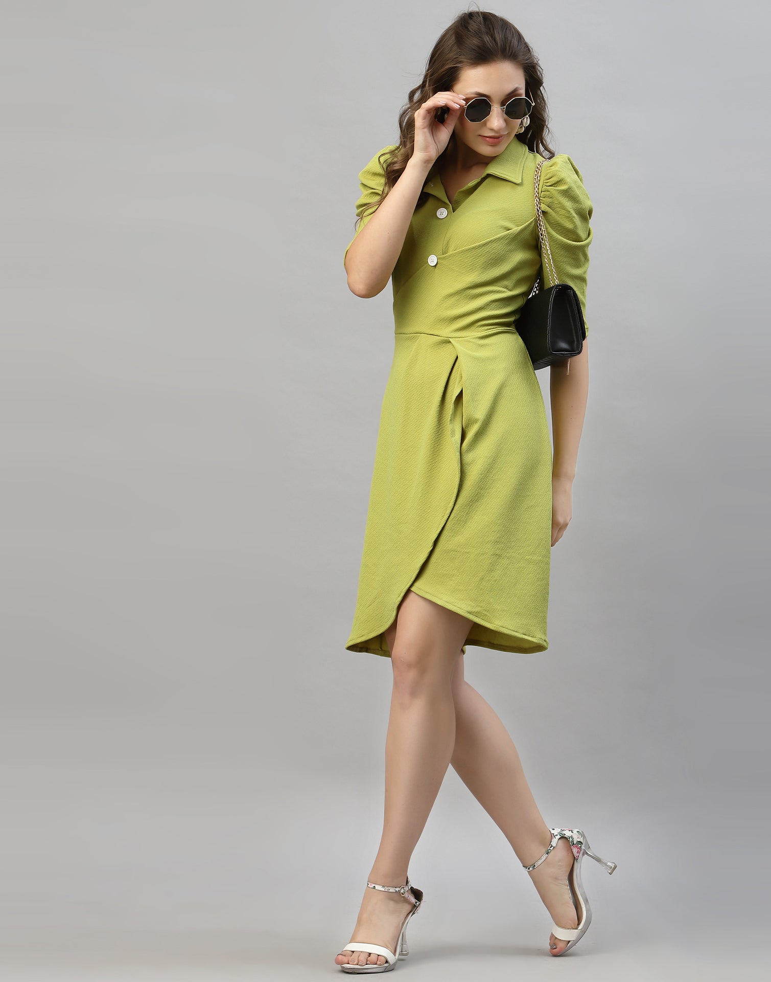 Olive Green Puff Sleeve Collared Dress | Sudathi