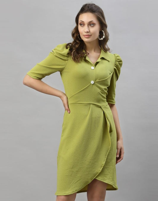 Olive Green Puff Sleeve Collared Dress | Sudathi